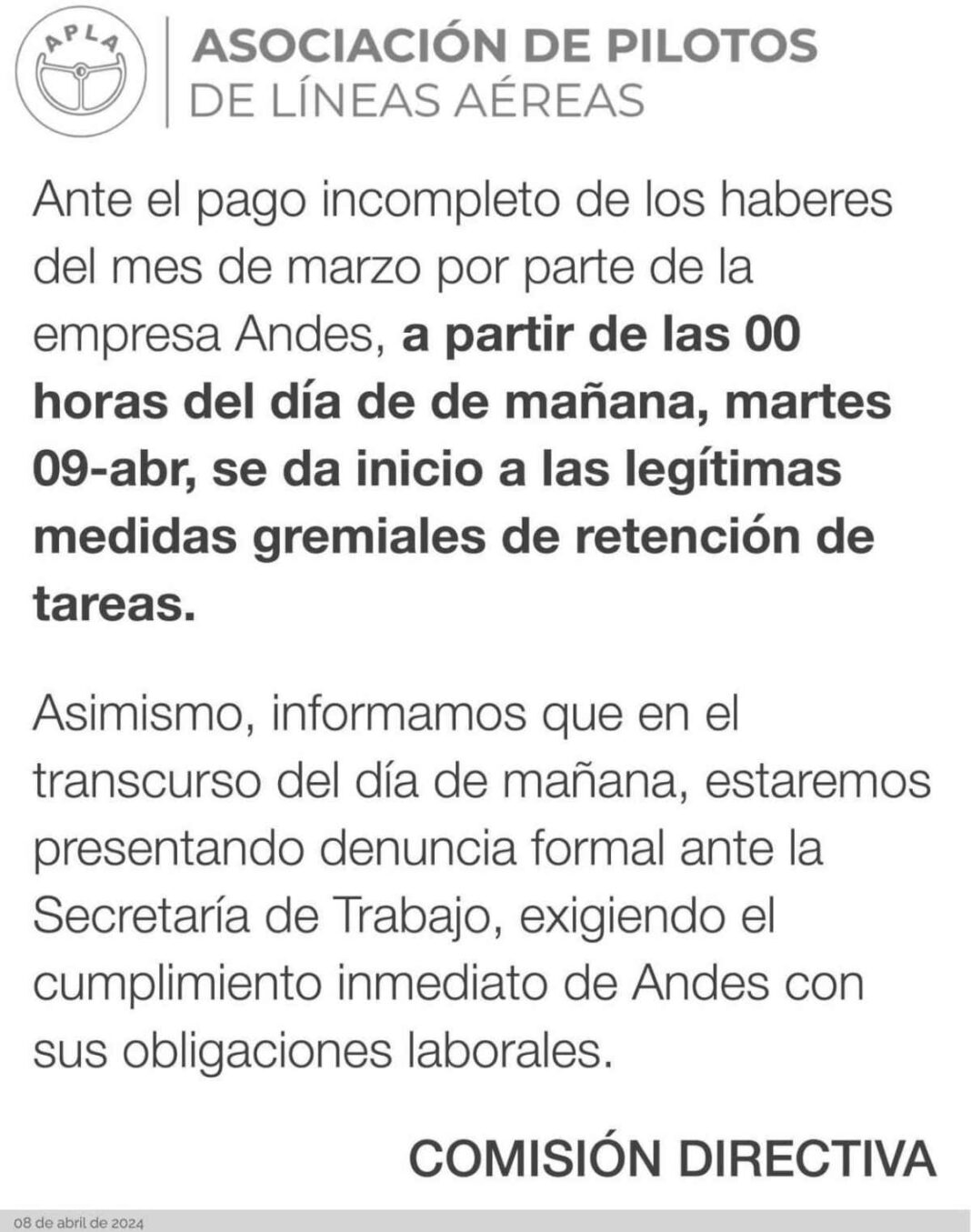 paro-en-aerolinea-de-cabotaje:-los-pilotos-de-andes-reclaman-el-pago-completo-de-sus-sueldos