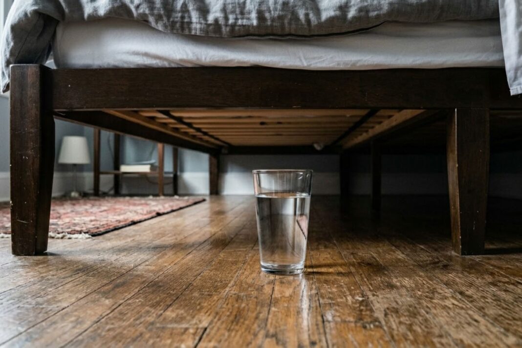 Vaso de vidrio con vinagre colocado en el suelo, al lado de una cama.