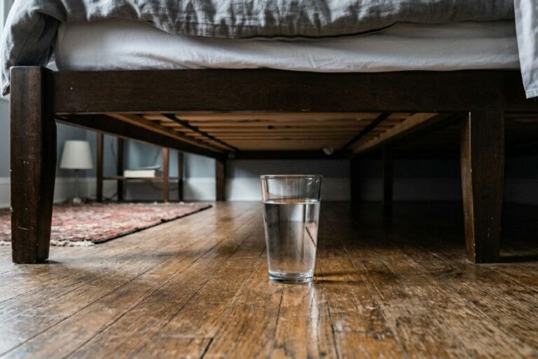 Vaso de vidrio con vinagre colocado en el suelo, al lado de una cama.