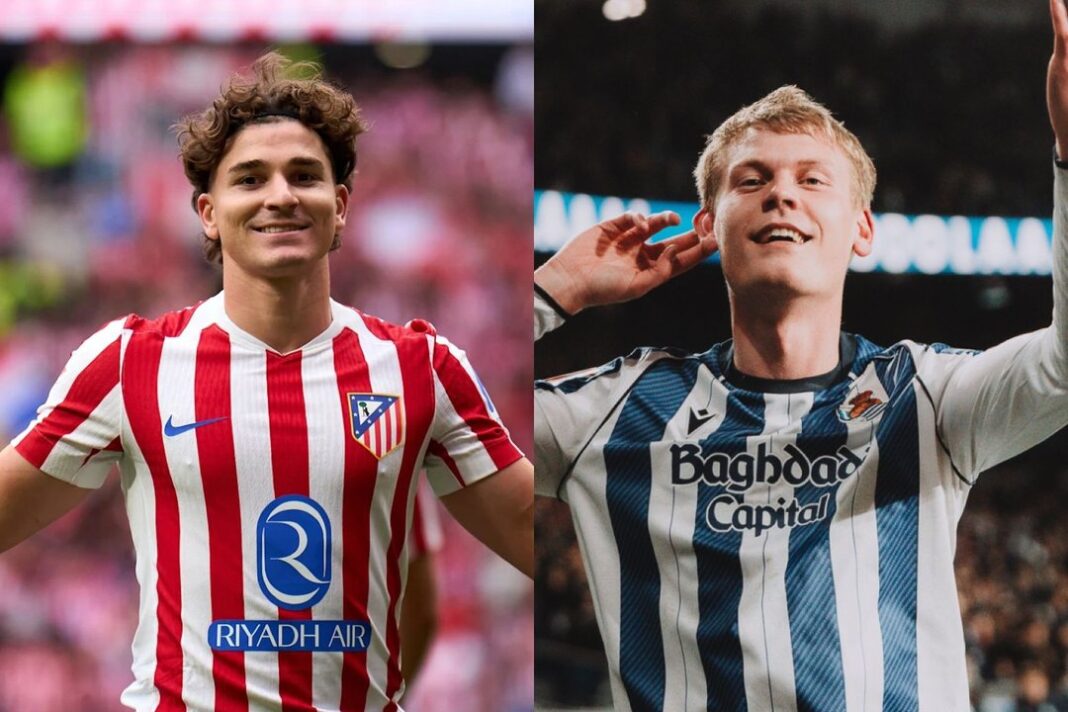 Los escudos del Atlético de Madrid y la Real Sociedad flanqueando el trofeo de la Copa del Rey.