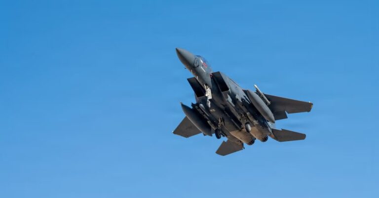 Ilustración de un avión de combate F-15E en vuelo.