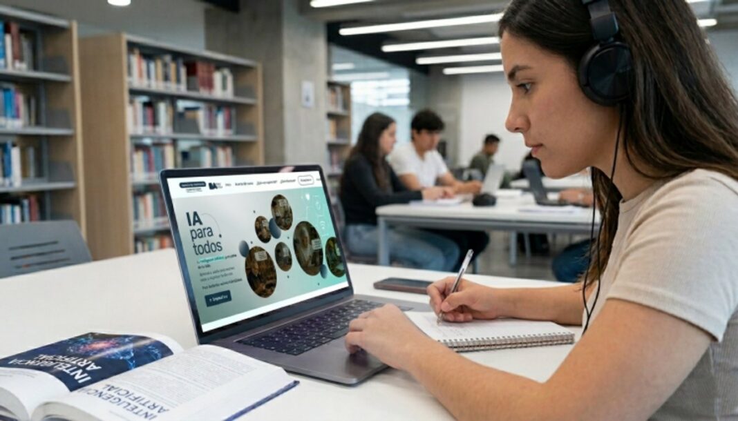 Persona usando una computadora con íconos de inteligencia artificial