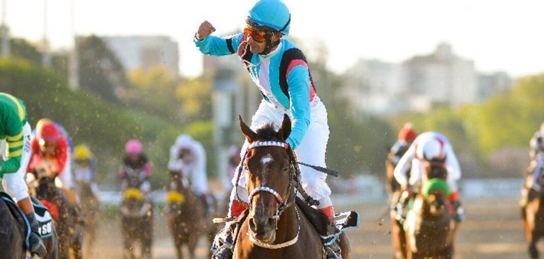 Vista aérea del Hipódromo de Palermo, con la pista y las tribunas.