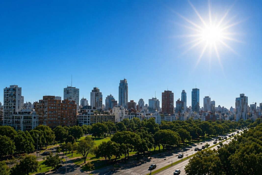 Cielo despejado y soleado sobre la ciudad de Buenos Aires, ilustrando el pronóstico del tiempo.
