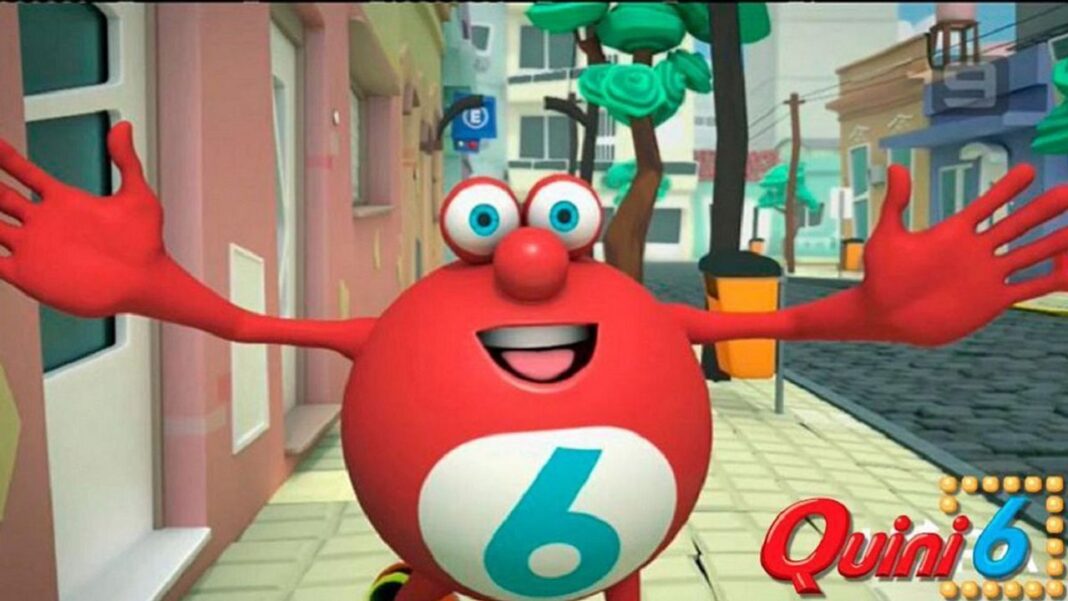 Sorteo del Quini 6, bola con número de lotería sobre fondo de bandera argentina