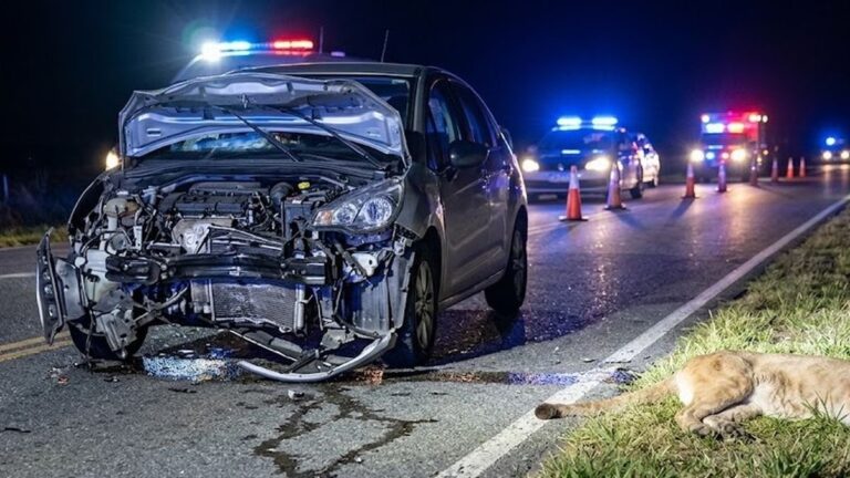 Parte frontal destrozada de un Citroën DS3 tras impactar contra un puma en la Ruta 11