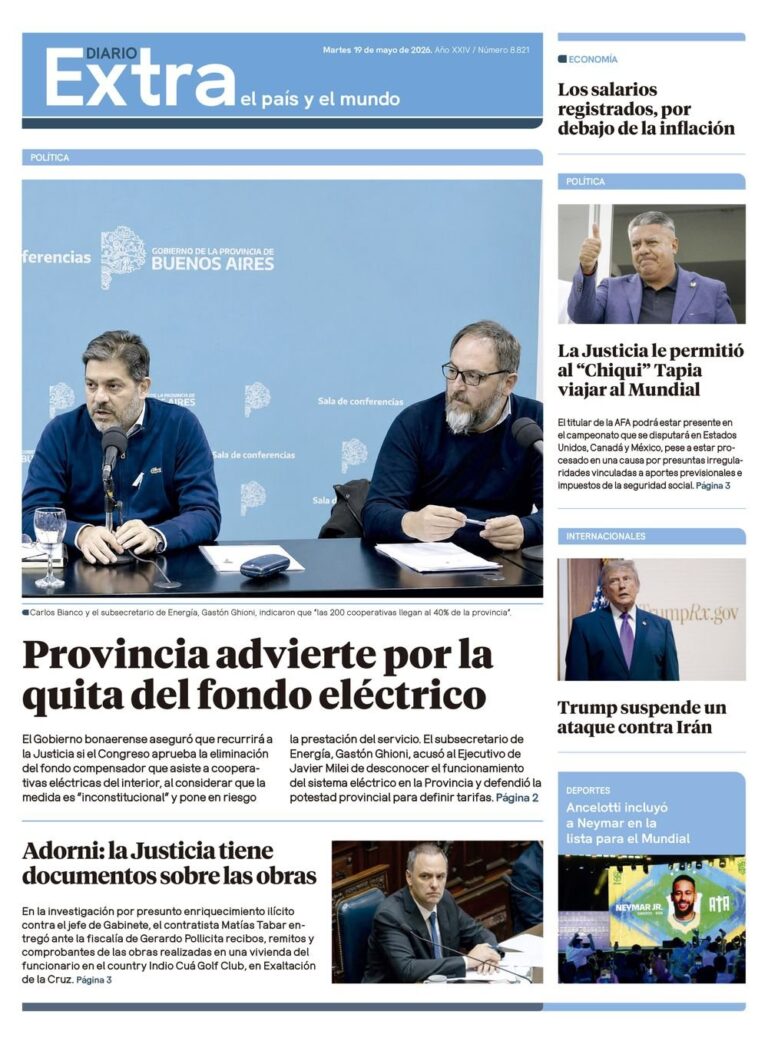 Portada de la edición impresa del Diario Extra del martes 19 de mayo de 2026