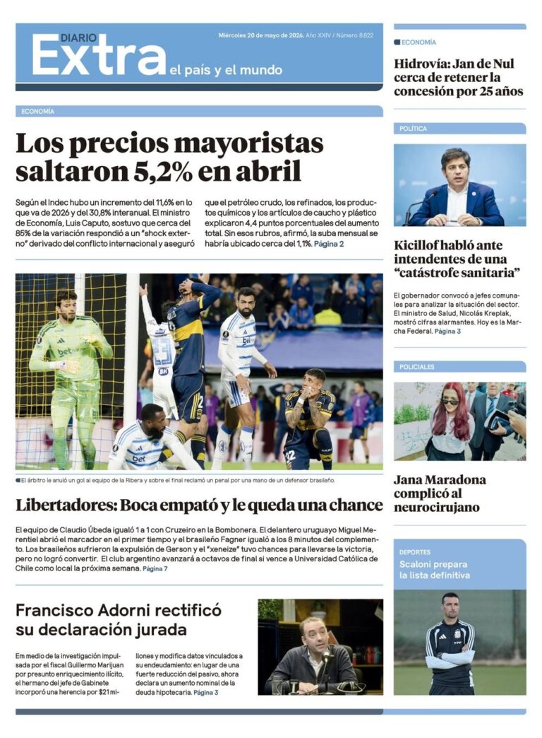 Portada de la edición impresa del Diario Extra del 20 de mayo de 2026