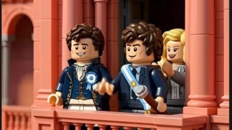 Video animado con estética LEGO del presidente Javier Milei y Manuel Belgrano en la Plaza de Mayo