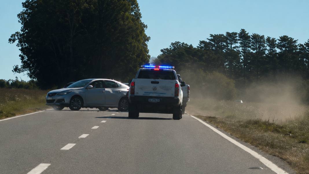 Policía junto a vehículo detenido en la Ruta Provincial 65, Junín