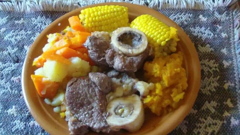 Puchero criollo argentino en olla de barro con carnes y verduras