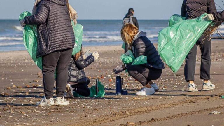 Voluntarios recogen basura en la playa de Monte Hermoso tras el temporal