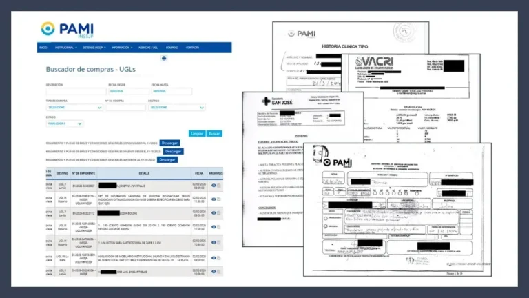 Captura de pantalla del sitio web de PAMI mostrando documentos sensibles
