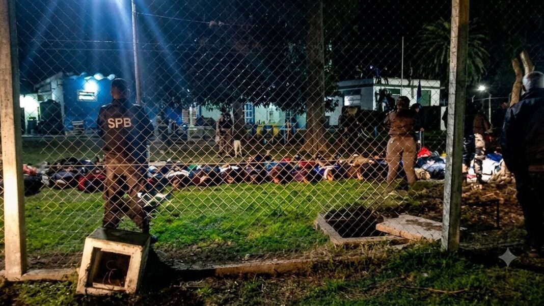 Exterior de la Unidad Penal N° 11 de Baradero durante el operativo de seguridad