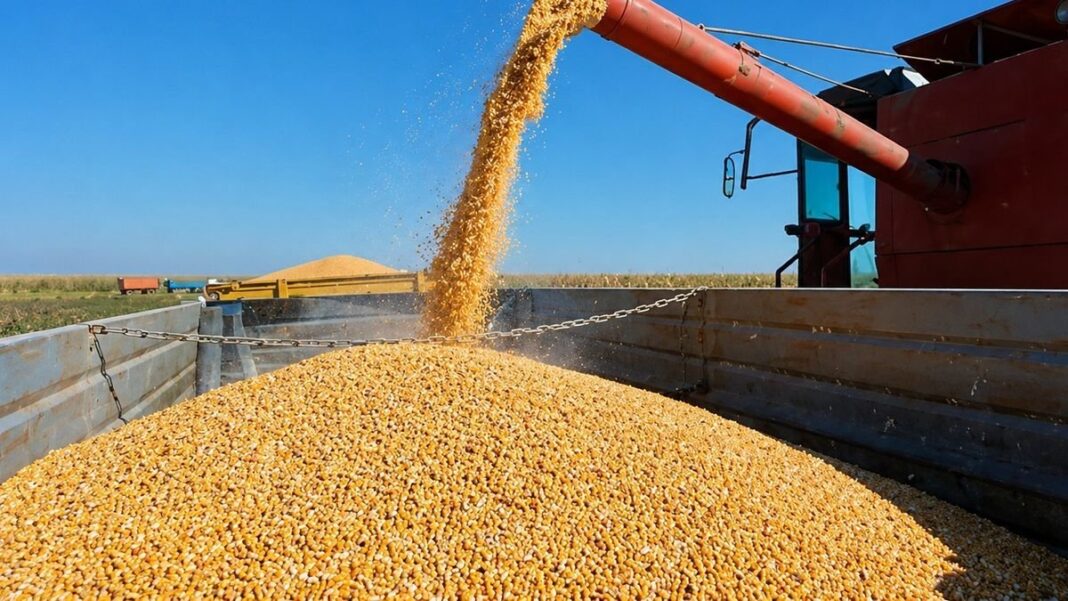 Campo de cultivo con silos al fondo