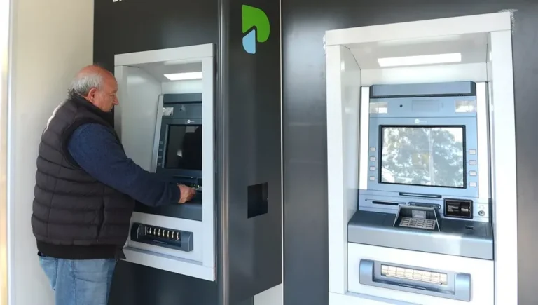 Persona mayor sosteniendo un documento frente a una computadora con el logo de Anses