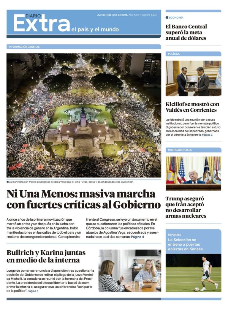 Portada de la edición impresa del Diario Extra del 4 de junio de 2026
