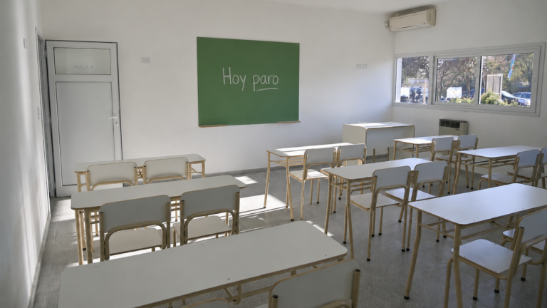 Docentes en protesta frente a una escuela en la provincia de Buenos Aires