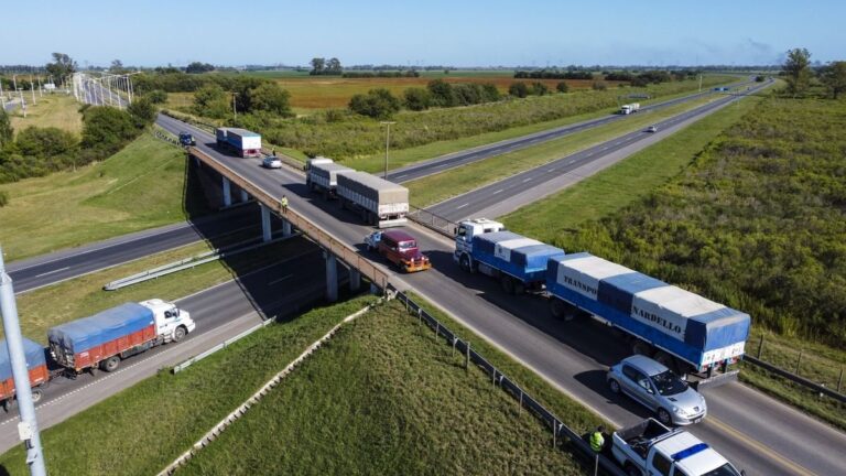 Camión circulando por una ruta bonaerense durante restricción de tránsito