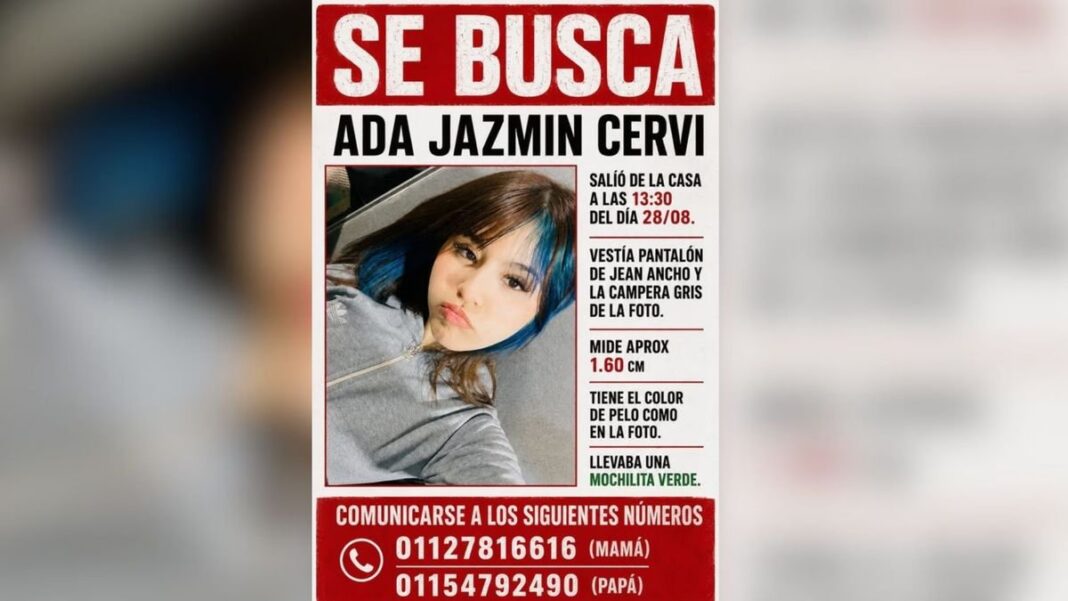 Foto de Ada Jazmín Cervi, adolescente desaparecida en Merlo