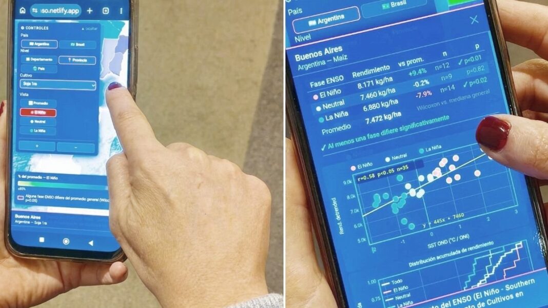 Captura de la aplicación AgroENSO mostrando mapas de impacto de El Niño en cultivos