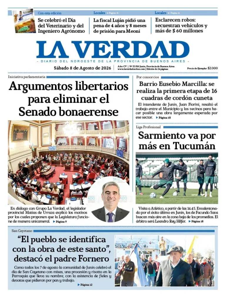 Portada de la edición impresa del sábado 8 de agosto de 2026