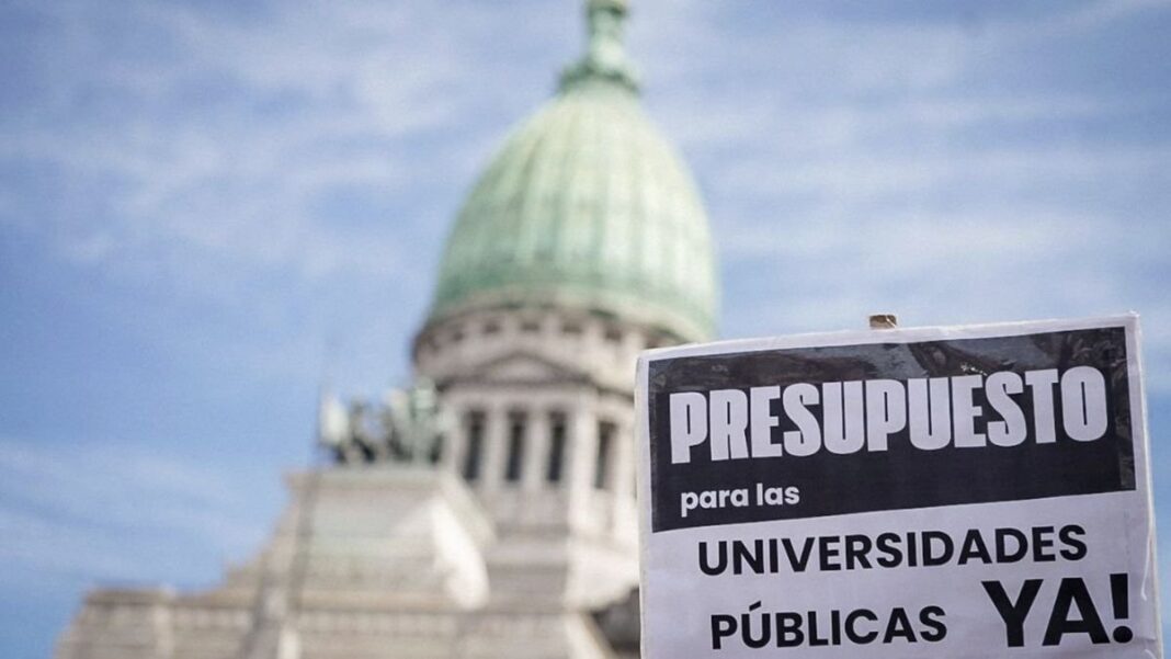 Marcha universitaria con banderas argentinas