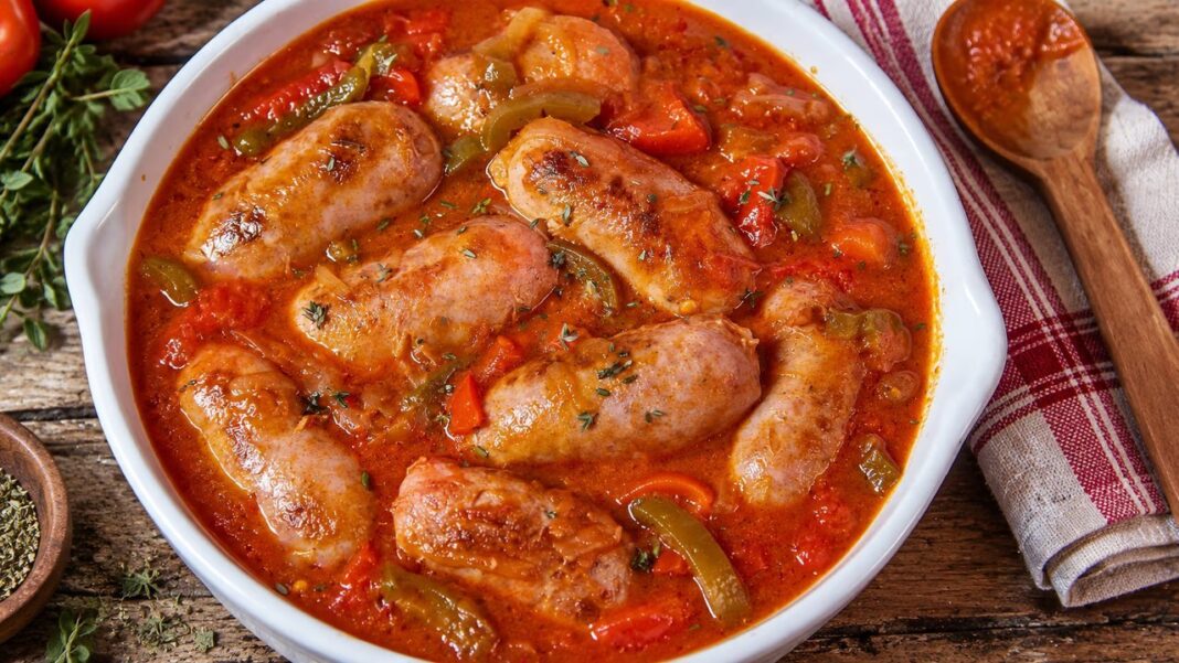 Paellero gigante con chorizos a la pomarola durante la fiesta en La Colina