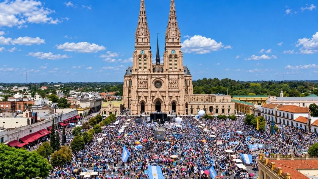 Peregrinos caminando hacia la Basílica de Luján durante la 52° Peregrinación Juvenil